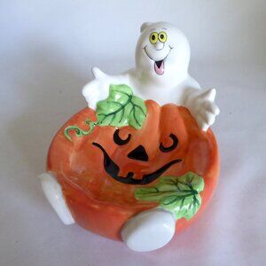 NEW VINTAGE HALLOWEEN SMILING GHOST JACK O LANTERN PUMPKIN CERAMIC CANDY HOLDER